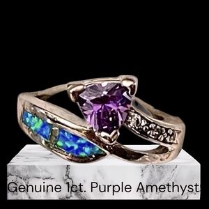 Genuine 1ct Purple Amethyst, Topaz and Inlaid Opal Sterling Size 6